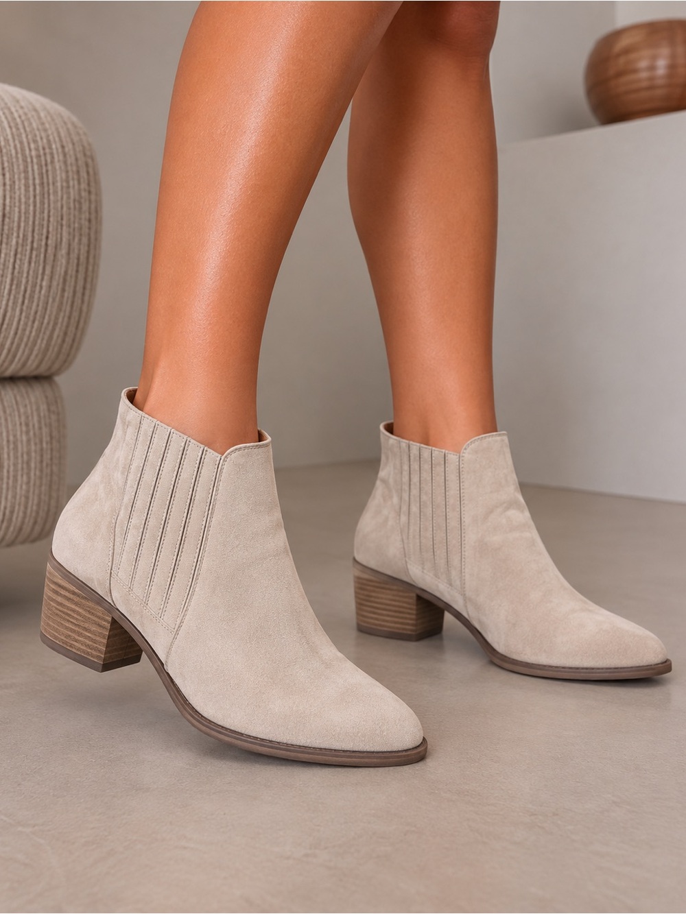 Universal Thread Beige Suede Ankle Booties with Low Stacked Heel